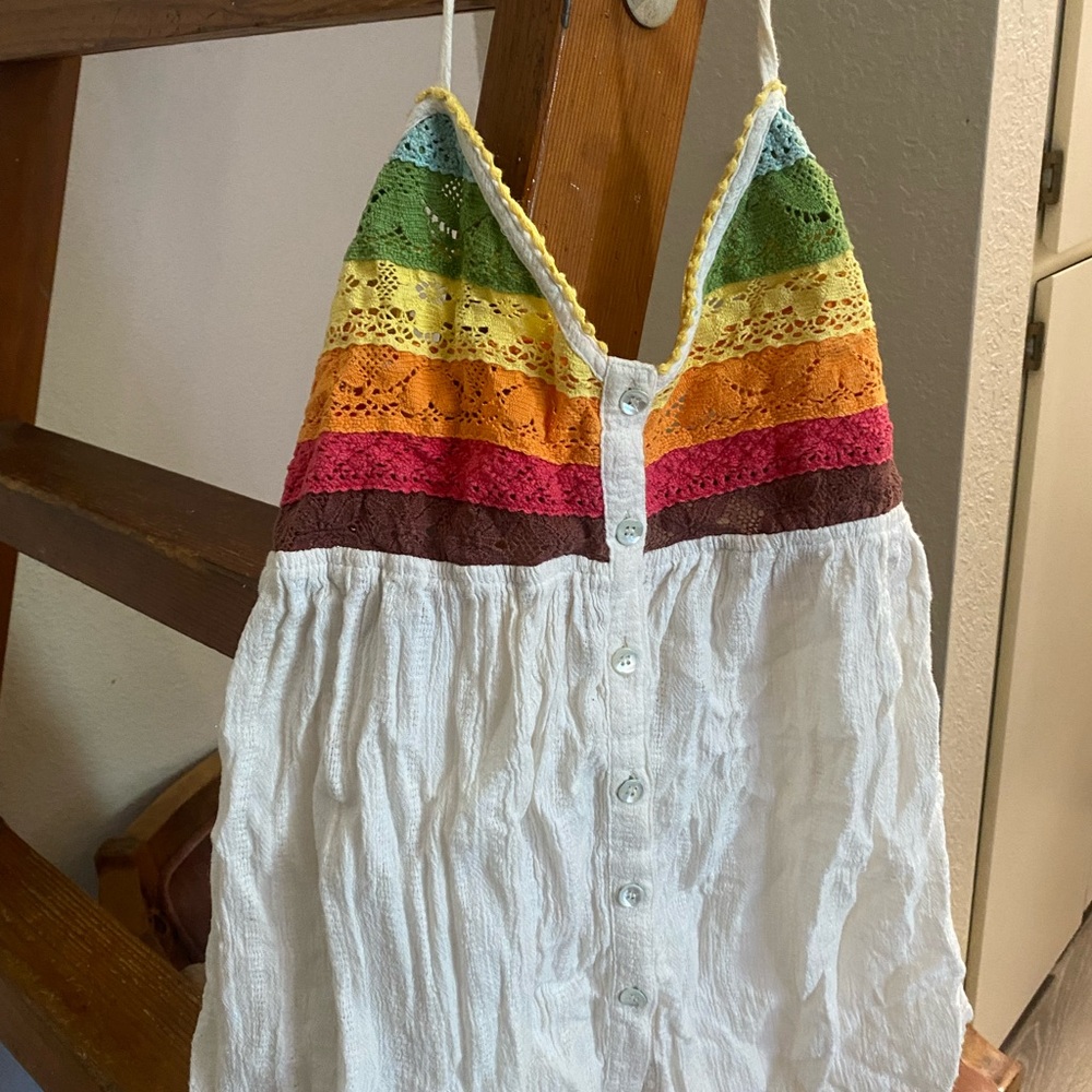 Free People White Top with Yellow Crochet Trim and Multicolor Detail